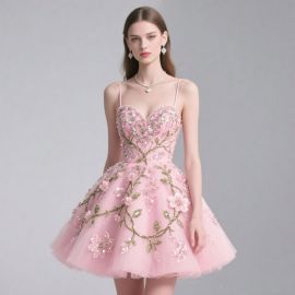 Pink Short Prom Dress: Floral Embroidery & Sequins - Spaghetti Strap Heart Neckline