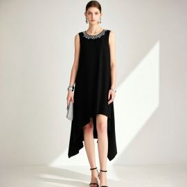 Black Sleeveless Asymmetrical Hem Dress with Embellished Neckline
