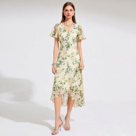 Elegant Floral Print V-Neck Dress with Short Flutter Sleeves & High-Low Hem - Summer Chic