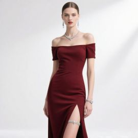 Elegant Burgundy Off - Shoulder Evening Gown with High Slit, Perfect for Formal Occasions