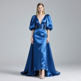 Royal Blue Satin Gown: Deep V-Neck, Puff Sleeves & High-Low Hem - Elegant Evening Dress