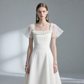 Elegant White Midi Dress: Square Neck Ruffles & Sheer Flutter Sleeves