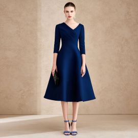 Elegant Navy Blue V-Neck Midi Dress: 3/4 Sleeves & A-Line Skirt for Formal Events