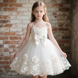 Kids White Lace Flower Girl Dress with Big Bow & Floral Embroidery - Wedding Party Gown