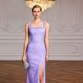 Elegant Lilac Lace Evening Gown with Ruffled Straps & High Slit