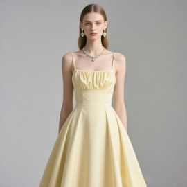 Light Yellow Spaghetti Strap Dress: Pleated Bodice & Ball Gown Skirt - Elegant Vintage Style