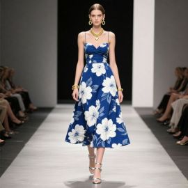 Elegant Blue Floral Print Spaghetti Strap Midi Dress - Summer Chic Style