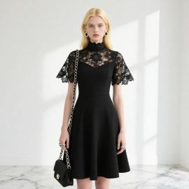 Elegant Black Lace High-Neck Short-Sleeve A-Line Dress