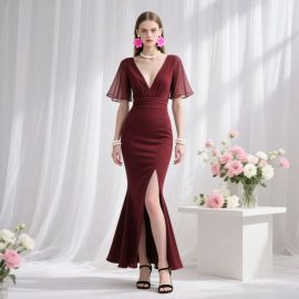 Elegant Burgundy Deep V-Neck Mermaid Gown with High Slit - Formal Evening Dress