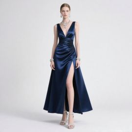 Navy Blue Satin Deep V-Neck High Slit Evening Gown | Elegant Formal Dress