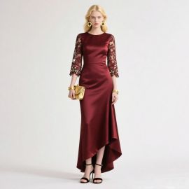 Elegant Burgundy Satin Gown with Lace Sequined Sleeves & High - Low Hem