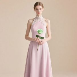 Elegant Pink Lace High-Neck Long Dress - Romantic Evening & Bridesmaid Gown