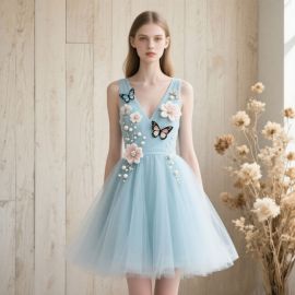 Light Blue Butterfly & Flower Embellished Sleeveless Tulle Dress - Elegant Party Style