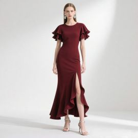 Burgundy Ruffled Sleeve Slit Mermaid Evening Dress - Elegant Formal Wear