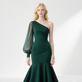 Elegant One-Shoulder Emerald Green Mermaid Evening Dress