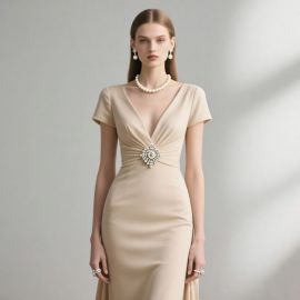 Elegant Beige V-Neck Gown with Rhinestone Waist Detail - Formal Evening Dress