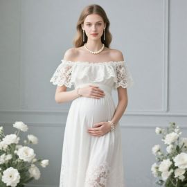 Elegant Maternity Off - Shoulder Lace Long Dress for Photoshoots & Special Occasions