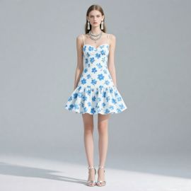 Elegant White & Blue Floral Print Spaghetti Strap Mini Dress
