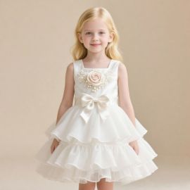 Charming White Flower Girl Dress: Pearl Rose, Big Bow, Tiered Skirt for Weddings/Parties