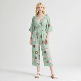 Women's Mint Green Floral Print V-Neck Jumpsuit - Elastic Waist Summer Chic Outfit