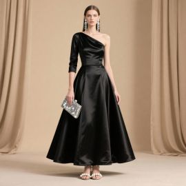 Elegant Black One - Shoulder Satin Long Dress for Formal Occasions