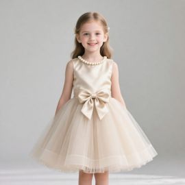 Elegant Kids Dress with Pearl Collar & Big Bow - Tulle Skirt for Weddings/Parties