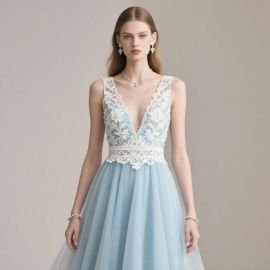 Elegant Light Blue Deep V-Neck Lace Tulle Evening Dress - Chic Bridal/Wedding Gown