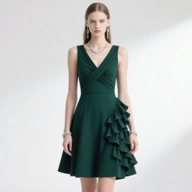 Emerald Green Sleeveless V-Neck Cross-Pleated Ruffled Hem Elegant Dress