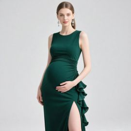Elegant Maternity Emerald Green Sleeveless Evening Gown with Ruffled Hem & Side Slit