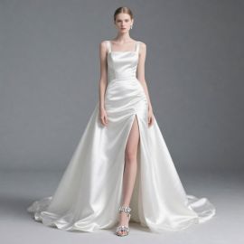 Elegant Satin High Slit Wedding Dress with Train - Spaghetti Strap Bridal Gown