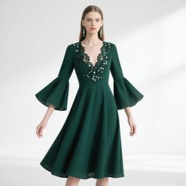 Elegant Emerald Green Lace Sequined Bell - Sleeve A - Line Midi Dress