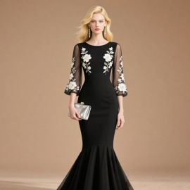 Elegant Black Mermaid Gown with Floral Embroidery & Sheer Sleeves - Formal Evening Dress