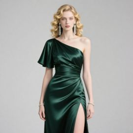 Elegant One-Shoulder Satin Evening Gown with High Slit | Dark Green Formal Dress