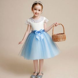 Light Blue Kids Flower Girl Dress: White Lace Top & Tulle Skirt with Bow Belt - Wedding Party Wear
