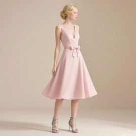 Elegant Pink Sleeveless V-Neck Bowknot A-Line Midi Dress for Weddings & Events