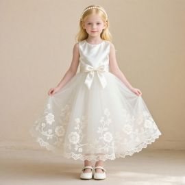 Elegant Kids White Lace Flower Girl Dress: Satin Bodice & Embroidered Tulle Skirt for Weddings/Parties