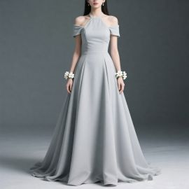 Light Gray Off - Shoulder Elegant Long Evening Dress for Formal Events
