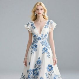 Elegant White Dress with Blue Floral Embroidery, Deep V-Neck & Ruffled Sleeves