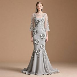 Luxurious Gray Mermaid Prom Dress with 3D Floral Appliques & Sheer Mesh Sleeves