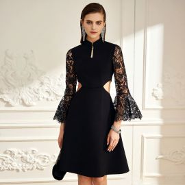 Elegant Black Midi Dress: High Neck, Lace Bell Sleeves & Side Cutouts - Chic Evening Wear