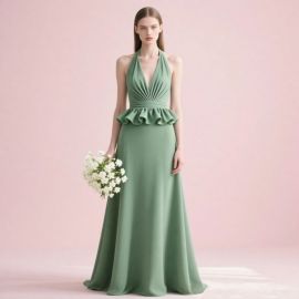 Elegant Sage Green Halter Neck Peplum Waist Long Dress