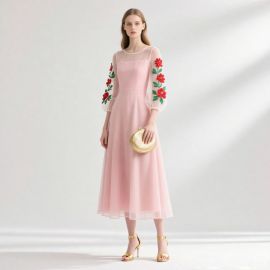 Elegant Pink Midi Dress with Embroidered Floral Tulle Sleeves