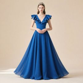 Royal Blue Long Evening Gown with Ruffled Shoulder & V-Neck - Elegant Formal Dress