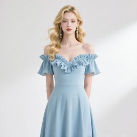 Light Blue Off - Shoulder Ruffled Midi Dress - Elegant Summer Style