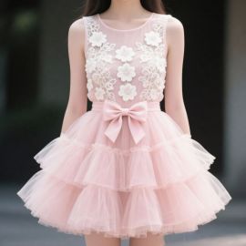 Pink Lace Floral Dress with Bowknot & Tulle Skirt - Elegant Summer Style
