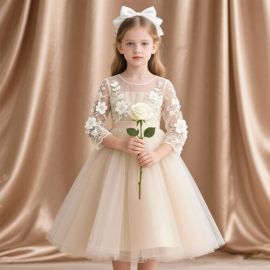 Elegant Girls' Lace Floral Tulle Dress Long Sleeve - Wedding Party Flower Girl Gown