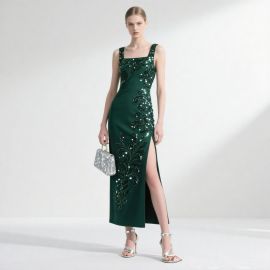 Emerald Green Sequined Square Neck Slit Evening Gown - Glamorous Formal Dress