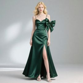 Emerald Green Satin Spaghetti Strap Evening Gown with Big Bow & High Slit Design