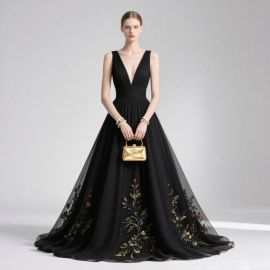 Elegant Black Deep V-Neck Evening Dress with Embroidered Tulle Skirt