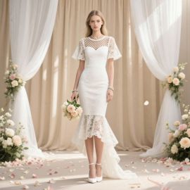 Elegant White Lace Wedding Dress: Short Sleeves & High-Low Hem Bridal Gown